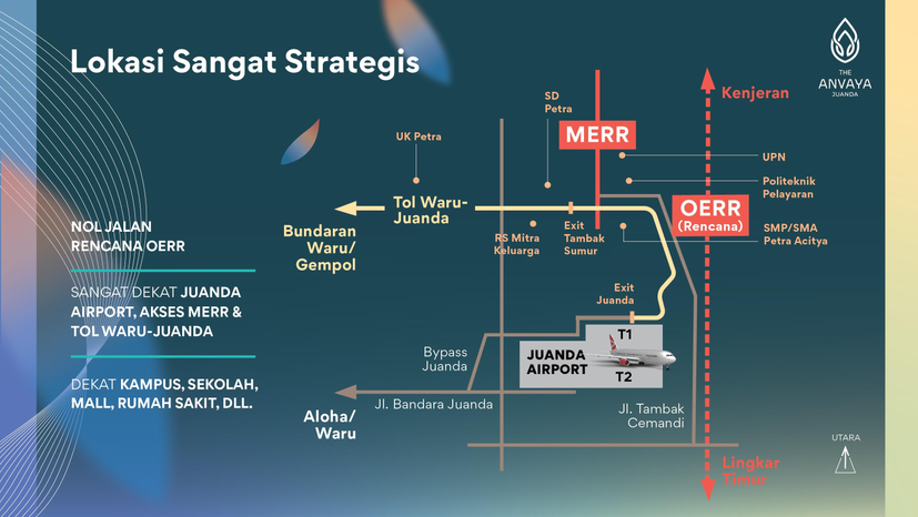 Lokasi perumahan The Anvaya Juanda di Sedati, Sidoarjo - Akses dekat tol, bandara Juanda, mall, dan sekolah