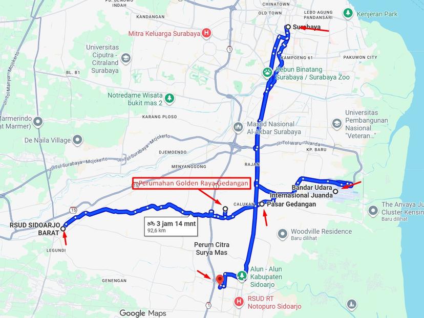 Lokasi perumahan Golden Raya Gedangan di Gedangan, Sidoarjo - Akses dekat tol, bandara Juanda, mall, dan sekolah